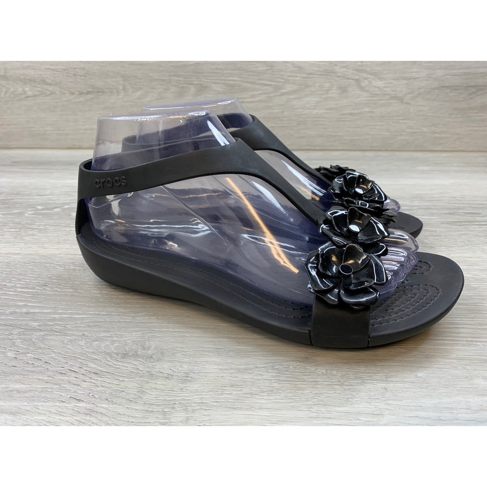 Crocs Serena Floral Sandals Black T-Strap Flat Shoes Women's 7 Comfort Shoes